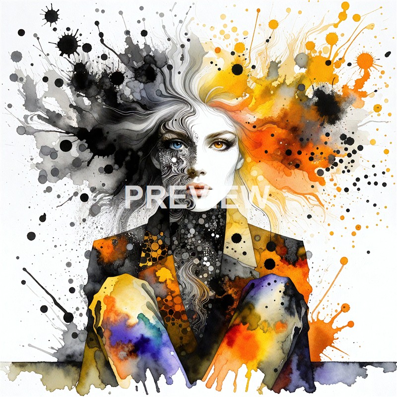 A stylized portrait of a woman with striking heterochromatic eyes, surrounded by vibrant splashes of black, gray, yellow, orange, and purple watercolor splatters that blend into her hair and clothing.